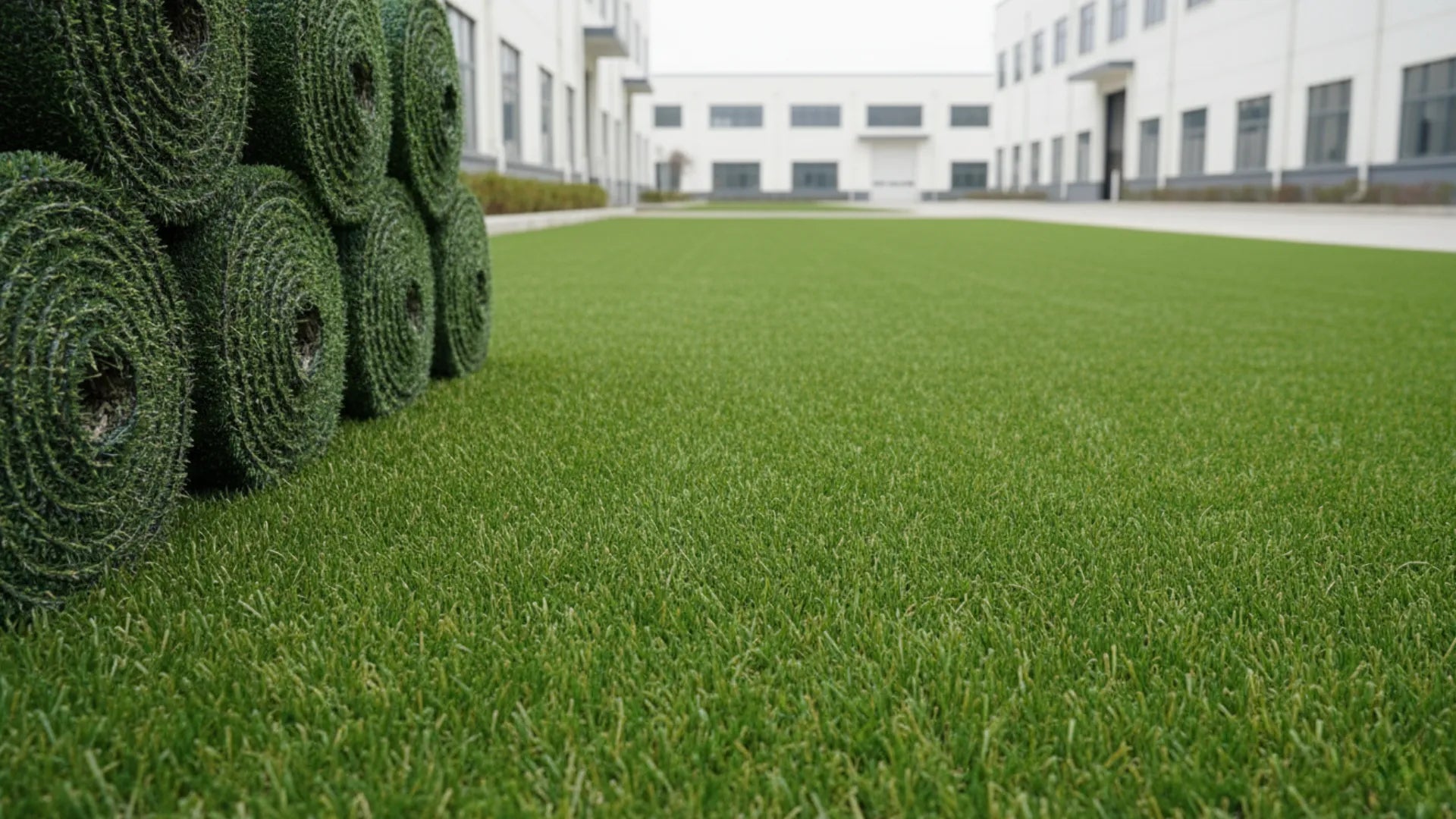 Rolls of artificial grass on a green lawn with a building in the background